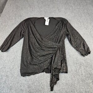 NWT Metaphor Black Glitter Knot Top Womens XL Surplice V-Neck Sparkle Blouse
